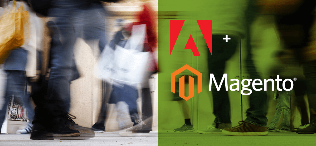 Adobe & Magento Commerce Logos With People Walking