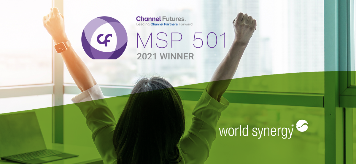 MSP 501 2021 Winner World Synergy IT Managed Service Provider & Person With Hands in Air Celebrating