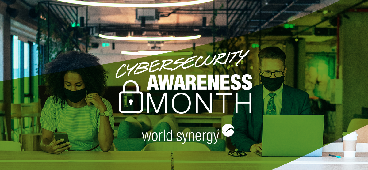 CIO Consultant World Synergy Cybersecurity Awareness Month With People in Masks on Laptop and Smartphone